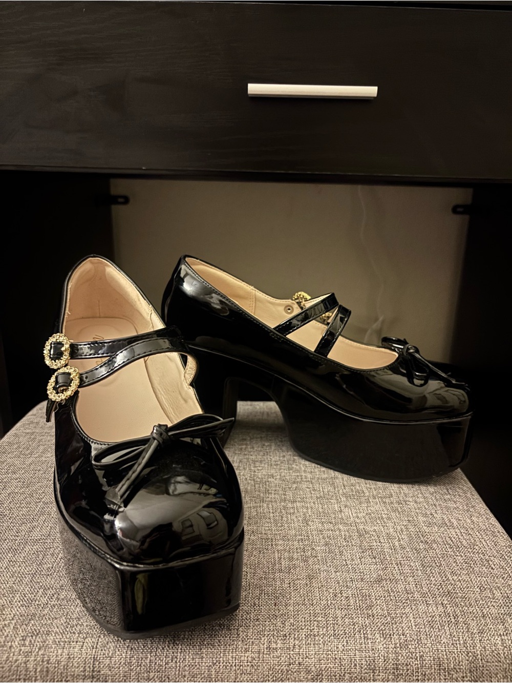Evelyn Japan Black Patent Platform Mary Janes with Gold Buckles